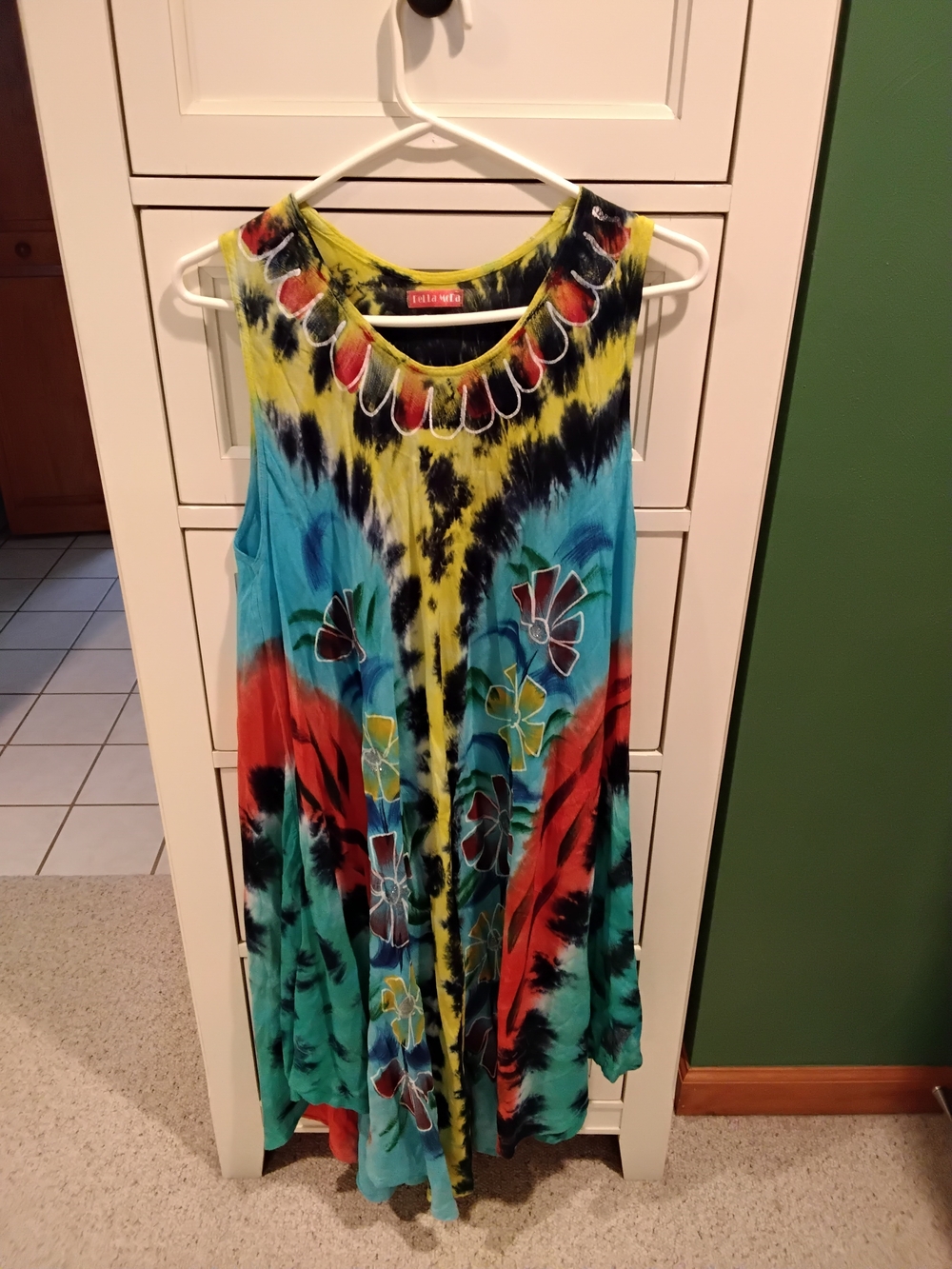 Sleeveless Tie-Dye Floral Swing Dress in Yellow, Teal & Red by